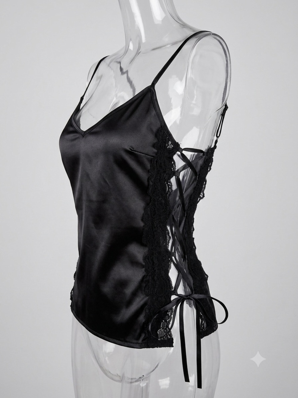 Lace Up Black Satin Lace Cami Tank Top Festival Y2K Goth Layering Lingerie XL